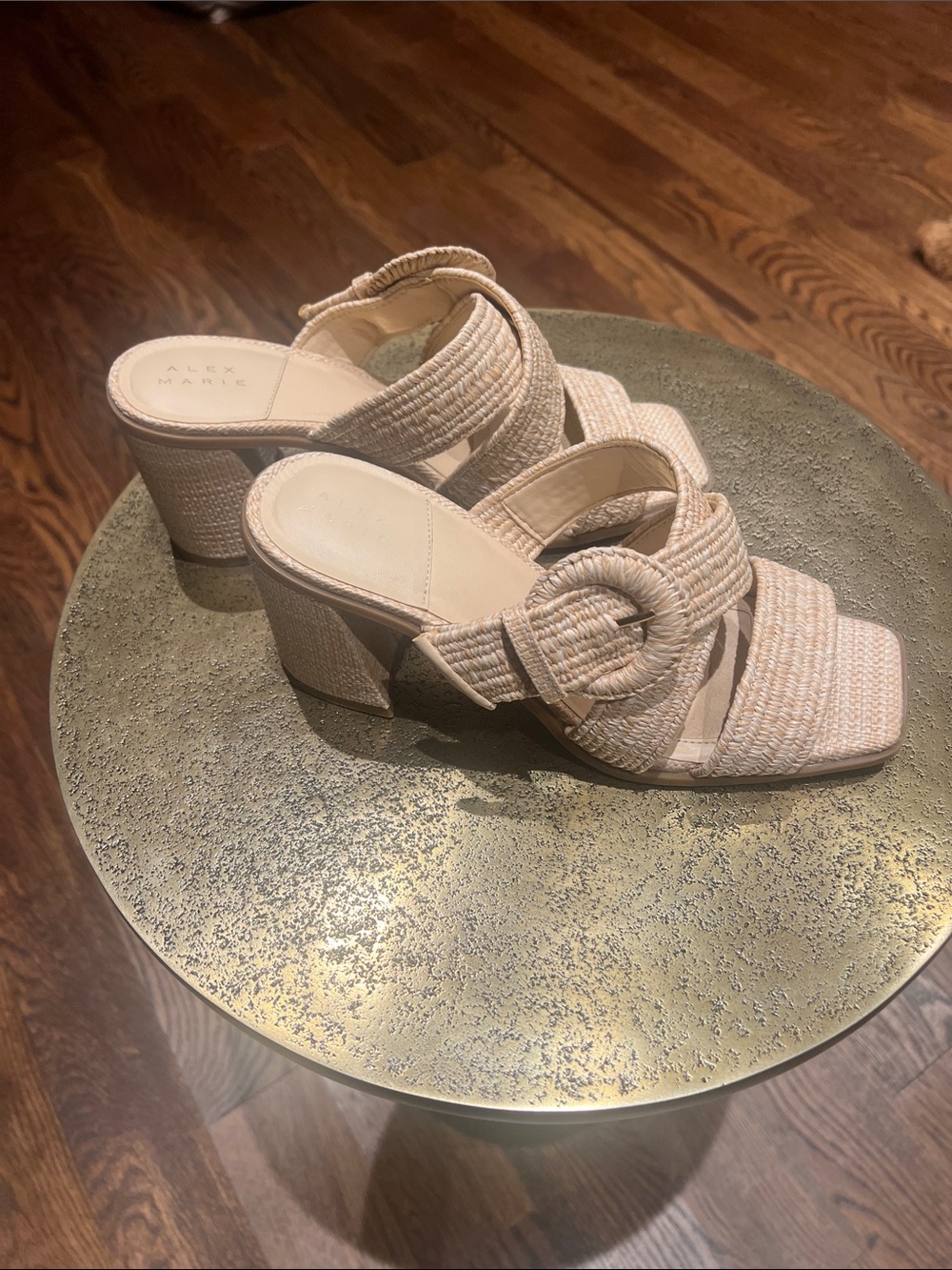 Alex Marie Braided Buckle Block-Heel Sandals in Natural Beige